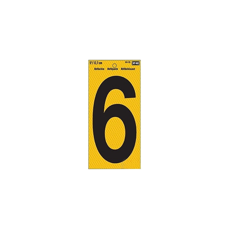 Hy-Ko RV-75/6 Reflective Sign, Character: 6, 5 in H Character, Black Character, Yellow Background, Vinyl, Pack of 10