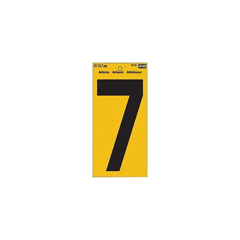 Hy-Ko RV-75/7 Reflective Sign, Character: 7, 5 in H Character, Black Character, Yellow Background, Vinyl, Pack of 10