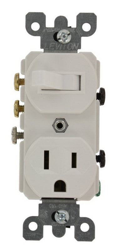 Leviton 032-05245-00W Combination Switch/Receptacle, 1-Pole, 15 A, 120 V Switch, 125 V Receptacle, White, Flush Mount