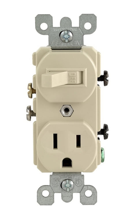 Leviton S01-05225-0IS Combination Switch/Receptacle, 1-Pole, 15 A, 120 V Switch, 125 V Receptacle, Ivory