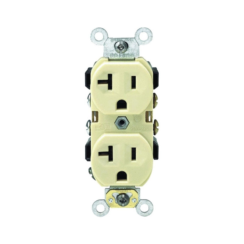 Leviton S01-0BR20-0IS Duplex Receptacle, 2 -Pole, 20 A, 125 V, Back, Side Wiring, NEMA: 5-20R, Ivory