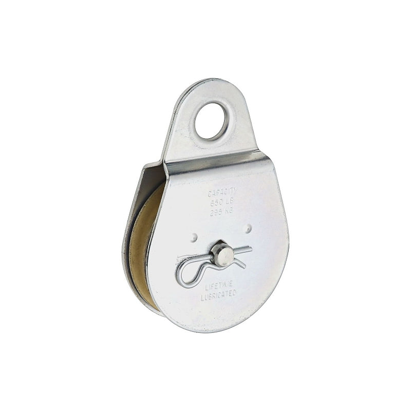 National Hardware N220-020 Pulley, Single Fixed, 0.68 in Dia Eye, 1/2 in Rope, 650 lb Working Load, 3 in Sheave, Zinc