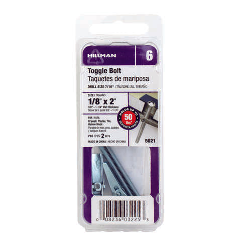 HILLMAN 1/8 in. D X 2 in. L Round Steel Toggle Bolt 2 pk, Pack of 10