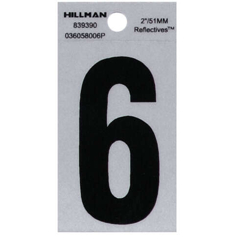 HILLMAN 2 in. Reflective Black Vinyl Self-Adhesive Number 6 1 pc, Pack of 6