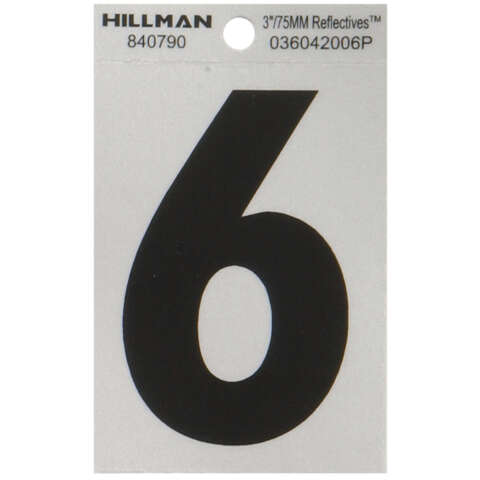 HILLMAN 3 in. Reflective Black Vinyl Self-Adhesive Number 6 1 pc, Pack of 6