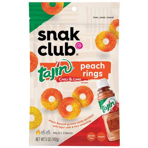 Snak Club Tajin Chili and Lime Peach Rings 5 oz Bagged, Pack of 6