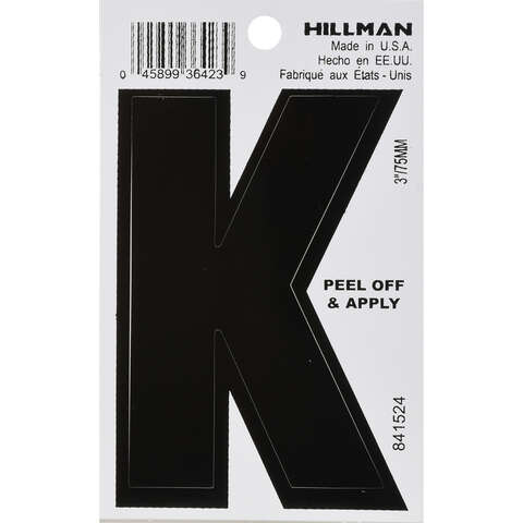HILLMAN 3 in. Black Vinyl Self-Adhesive Letter K 1 pc, Pack of 6