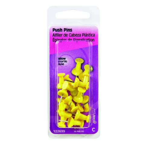 Hillman Yellow Push Pins 16 pk, Pack of 6
