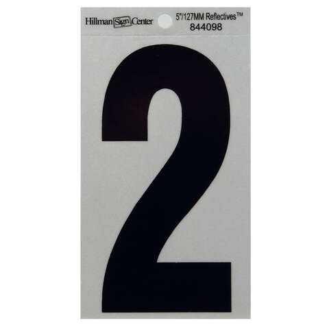 HILLMAN 5 in. Reflective Black Vinyl Self-Adhesive Number 2 1 pc, Pack of 6