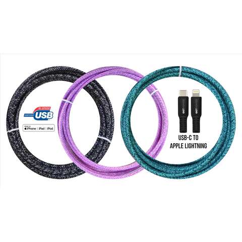 GetPower Assorted Braided Lightning to USB-C For Apple iPod, iPhone, iPad 10 ft. L, Pack of 12