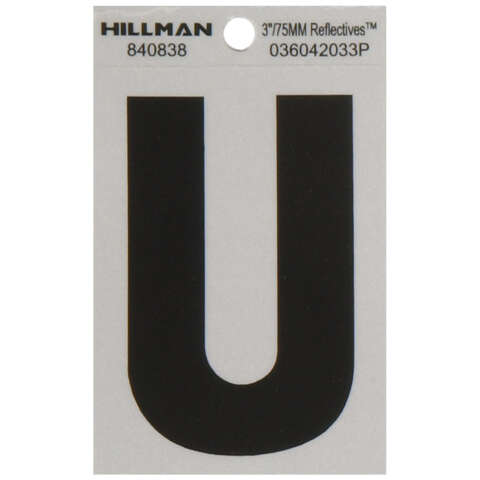 HILLMAN 3 in. Reflective Black Vinyl Self-Adhesive Letter U 1 pc, Pack of 6