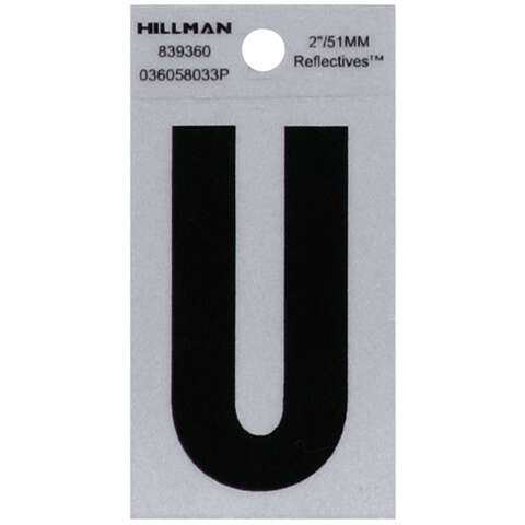 HILLMAN 2 in. Reflective Black Vinyl Self-Adhesive Letter U 1 pc, Pack of 6