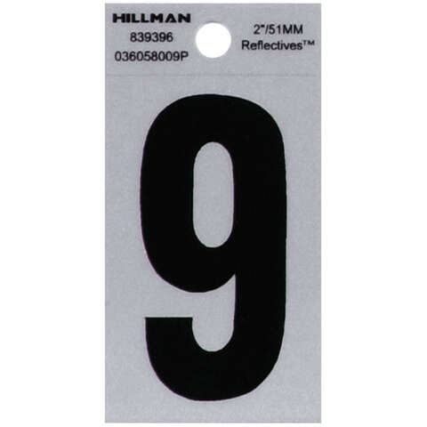 HILLMAN 2 in. Reflective Black Vinyl Self-Adhesive Number 9 1 pc, Pack of 6