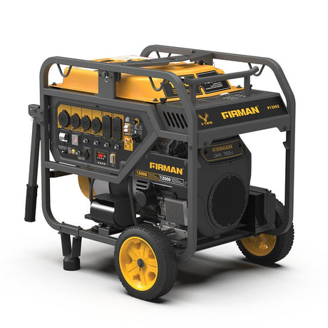 Firman P12002 Portable Generator, 50A, 120/240V, 15,000W Output, Gasoline, 13.3gal Tank, 11hr Run Time, Electric