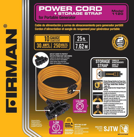 Firman Accessories Series 1120 Power Cord with Storage Strap, 10 ga Wire, 25 ft L, Plastic Sheath, Yellow Sheath