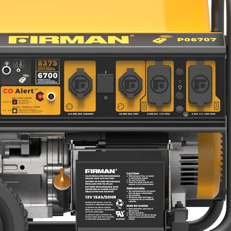Firman P06707 Portable Generator, 30 A, 1200/240 V, 8375/6700 W Output, Gas, 13 hr Run Time, Electric, Remote, Recoil Start