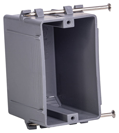 Gardner Bender BOX-NS18 Switch/Outlet Box, 18 cu-in, Standard Outlet, 1-Gang, 4-Knockout, PVC, Gray, In-Wall, Nail