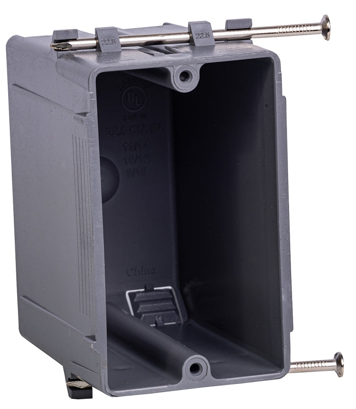 Gardner Bender BOX-NS22 Switch/Outlet Box, 22 cu-in, Standard Outlet, 1-Gang, 4-Knockout, PVC, Gray, In-Wall, Nail