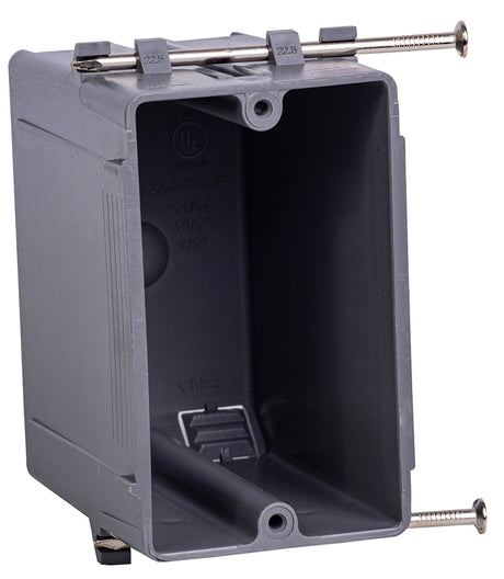 Gardner Bender BOX-NS22 Switch/Outlet Box, 22 cu-in, Standard Outlet, 1-Gang, 4-Knockout, PVC, Gray, In-Wall, Nail