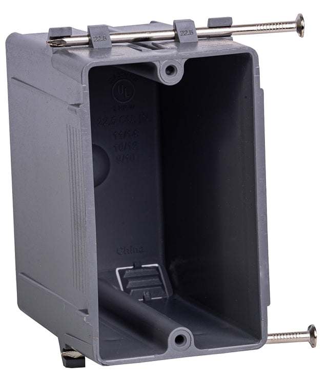 Gardner Bender BOX-NS22 Switch/Outlet Box, 22 cu-in, Standard Outlet, 1-Gang, 4-Knockout, PVC, Gray, In-Wall, Nail