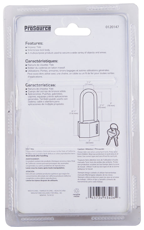 ProSource HD-250DLS Padlock, Long Shackle, 5/16 in Dia Shackle, 3 in H Shackle, Steel Shackle, Brass Body, Solid Brass