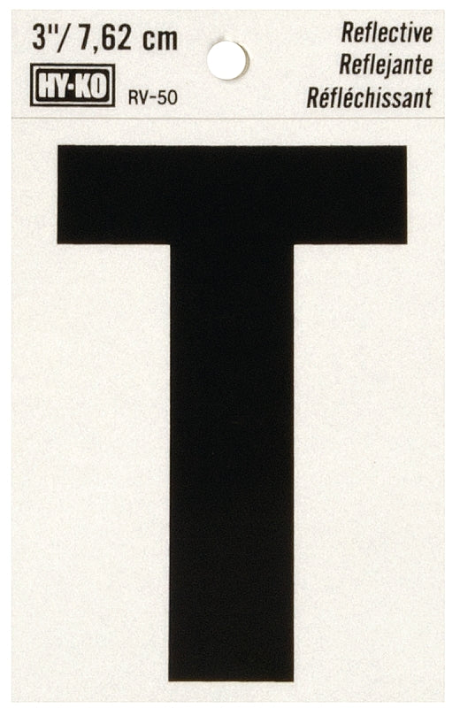 Hy-Ko RV-50/T Reflective Letter, Character: T, 3 in H Character, Black Character, Silver Background, Vinyl, Pack of 10
