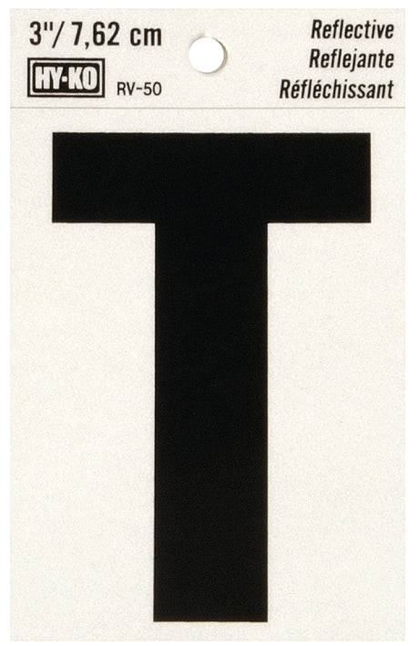 Hy-Ko RV-50/T Reflective Letter, Character: T, 3 in H Character, Black Character, Silver Background, Vinyl, Pack of 10