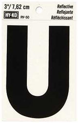 Hy-Ko RV-50/U Reflective Letter, Character: U, 3 in H Character, Black Character, Silver Background, Vinyl, Pack of 10