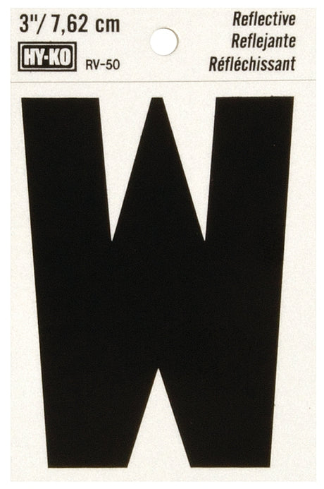 Hy-Ko RV-50/W Reflective Letter, 2-1/2 in W x 4 in H Dimensions, Character: W, 3 in H Character, Black Character, Vinyl, Pack of 10