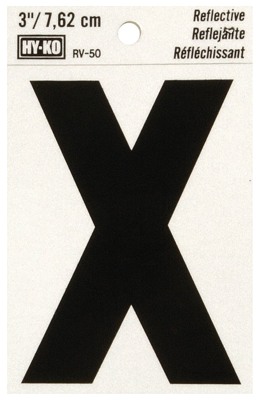 Hy-Ko RV-50/X Reflective Letter, Character: X, 3 in H Character, Black Character, Silver Background, Vinyl, Pack of 10
