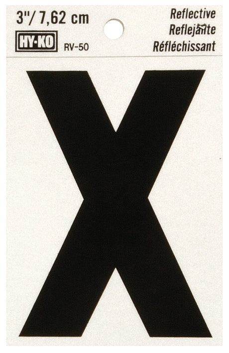 Hy-Ko RV-50/X Reflective Letter, Character: X, 3 in H Character, Black Character, Silver Background, Vinyl, Pack of 10