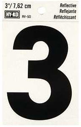 Hy-Ko RV-50/3 Reflective Sign, Character: 3, 3 in H Character, Black Character, Silver Background, Vinyl, Pack of 10