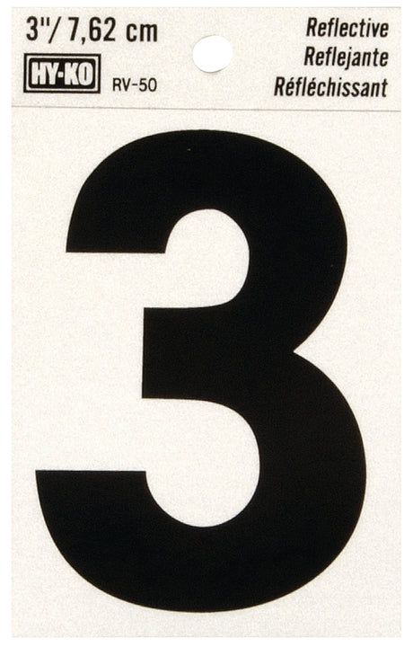 Hy-Ko RV-50/3 Reflective Sign, Character: 3, 3 in H Character, Black Character, Silver Background, Vinyl, Pack of 10