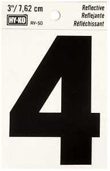 Hy-Ko RV-50/4 Reflective Sign, Character: 4, 3 in H Character, Black Character, Silver Background, Vinyl, Pack of 10