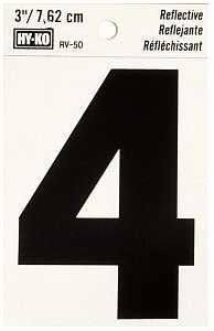 Hy-Ko RV-50/4 Reflective Sign, Character: 4, 3 in H Character, Black Character, Silver Background, Vinyl, Pack of 10