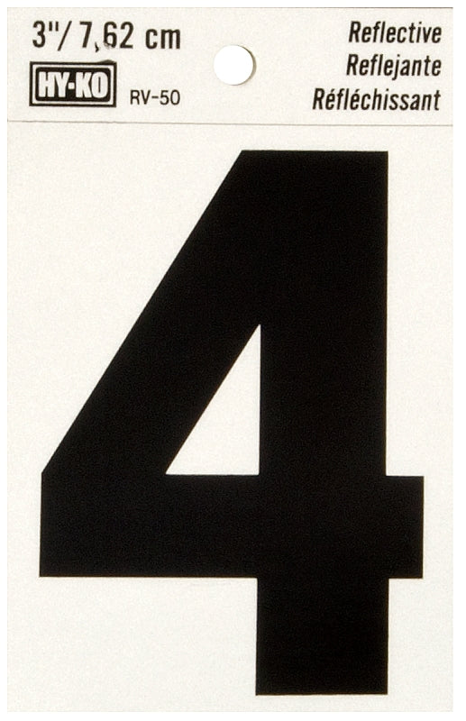 Hy-Ko RV-50/4 Reflective Sign, Character: 4, 3 in H Character, Black Character, Silver Background, Vinyl, Pack of 10