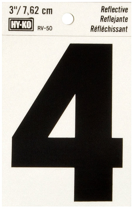 Hy-Ko RV-50/4 Reflective Sign, Character: 4, 3 in H Character, Black Character, Silver Background, Vinyl, Pack of 10