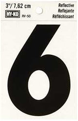 Hy-Ko RV-50/6 Reflective Sign, Character: 6, 3 in H Character, Black Character, Silver Background, Vinyl, Pack of 10