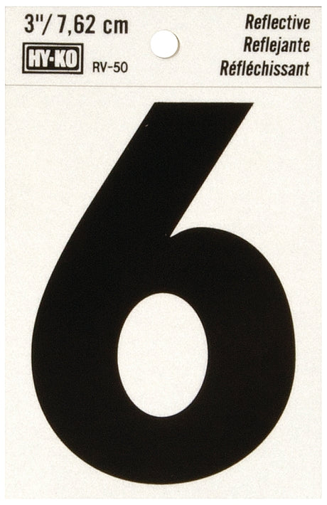 Hy-Ko RV-50/6 Reflective Sign, Character: 6, 3 in H Character, Black Character, Silver Background, Vinyl, Pack of 10