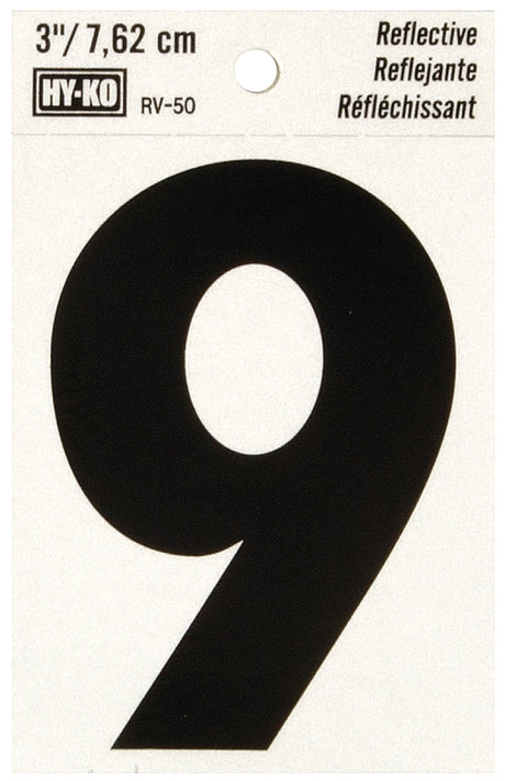 Hy-Ko RV-50/9 Reflective Sign, Character: 9, 3 in H Character, Black Character, Silver Background, Vinyl, Pack of 10