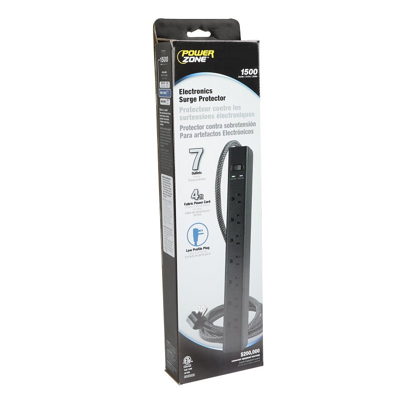 Powerzone ORPBSF405 Surge Strip, 4 ft L Cable, 7-Socket, Black