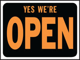 Hy-Ko Hy-Glo Series 3020 Identification Sign, 8-1/2 x 12 in Dimensions, Rectangular, YES WE'RE OPEN, Black Background, Pack of 10