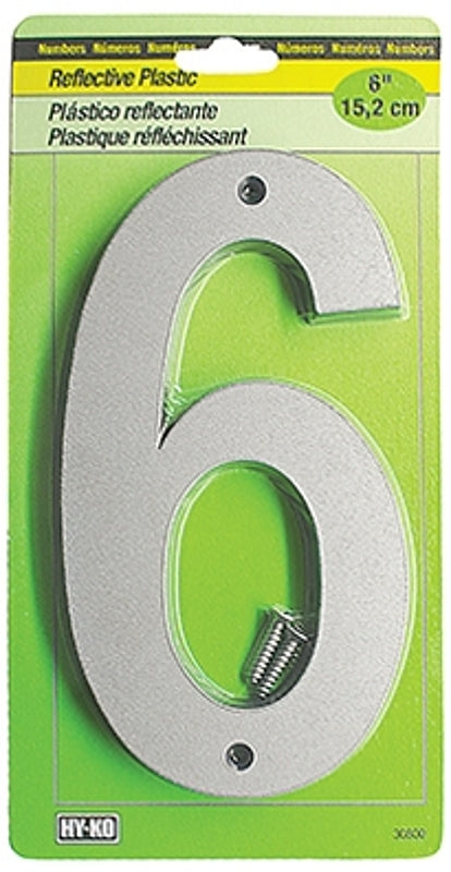 Hy-Ko 30800 Series 30806 Reflective Sign, Character: 6, 6 in H Character, Black/Silver Character, Plastic, Pack of 5