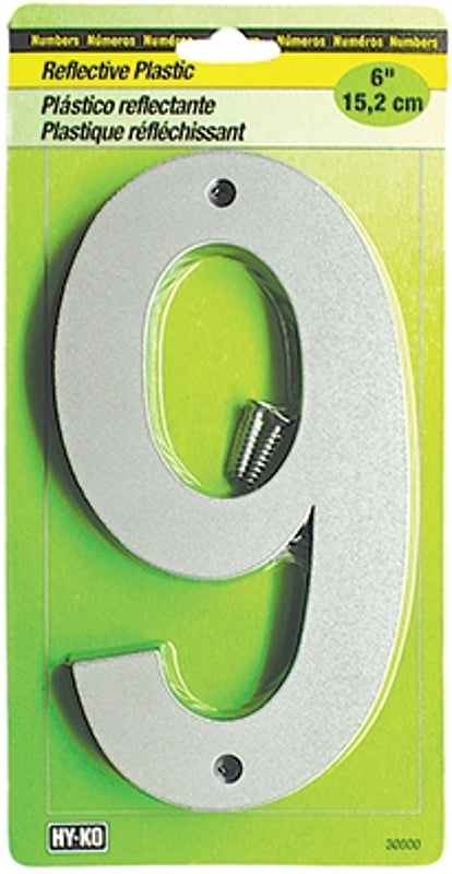 Hy-Ko 30800 Series 30809 Reflective Sign, Character: 9, 6 in H Character, Black/Silver Character, Plastic, Pack of 5