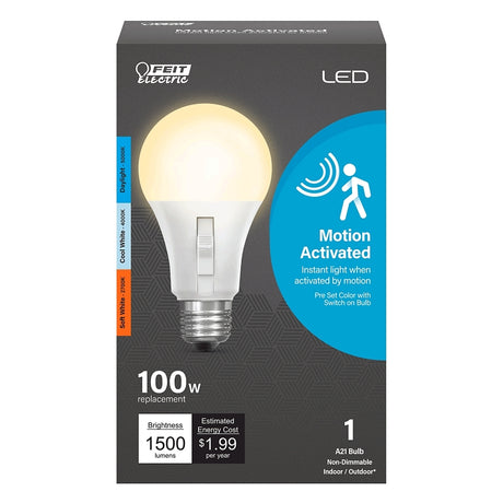 Feit Electric OM100/3CCTCA/MM/LEDI Motion Sensor LED Bulb, Color Selectable, A21 Lamp, E26 Lamp Base, White