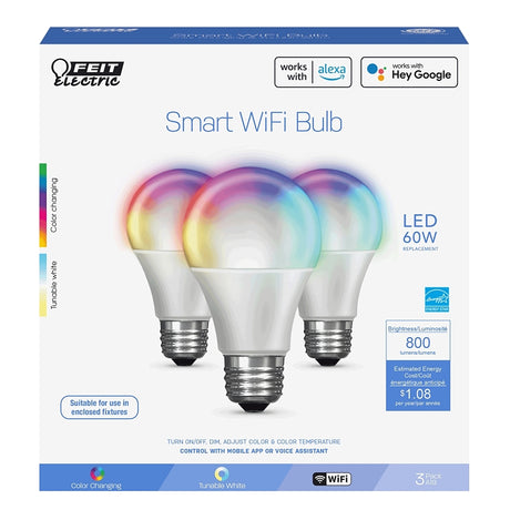 Feit Electric OM60/RGBW/CA/AG Smart Bulb, 9 W, Wi-Fi Connectivity: Yes, Remote, Voice Control, Medium E26 Lamp Base