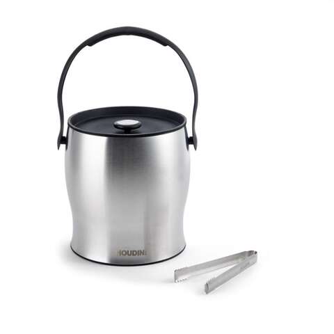 Houdini 4 qt Black/Silver Stainless Steel Ice Bucket with Tongs