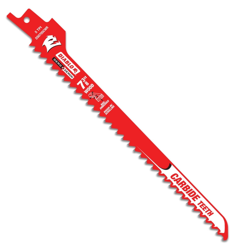 Diablo Demo Demon DS0705CWR3 Reciprocating Saw Blade, 7-3/8 in L, 5 TPI, Carbide Cutting Edge