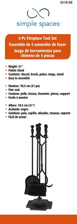 Simple Spaces T51030BK-C3L Fireplace Tool Set, Black, 5-Piece