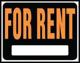 Hy-Ko Hy-Glo Series SP-102 Identification Sign, 14-1/2 x 18-1/2 in Dimensions, Rectangular, FOR RENT, Black Background, Pack of 5